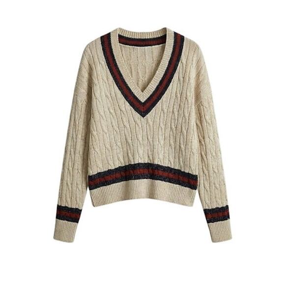 TUCKERNUCK Garnet and Navy Stripe Metallic Morrissey Sweater Size M NWT - Picture 6 of 6